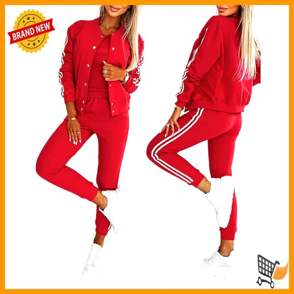 Three Piece Outfit Striped Tape Patch Tank Bomber Jacket Sporty Pants Tracksuit